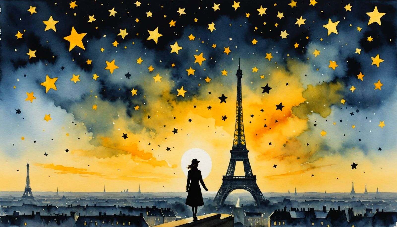 Parisian Night Sky Watercolor: Stars, Woman, Eiffel Tower