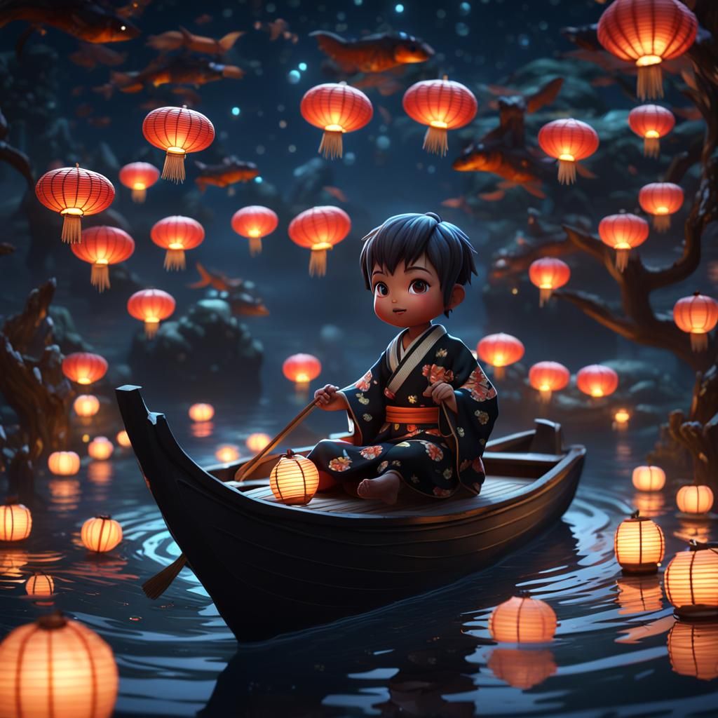 Chibi in Kimono on Boat with Lanterns