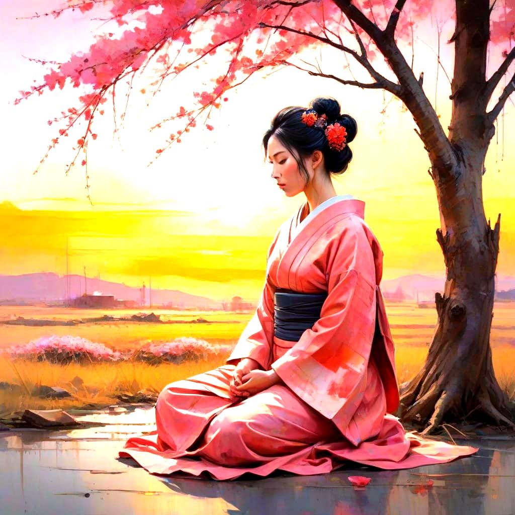 Surreal Geisha Under Blossoming Tree in Expressive Mixed Med...