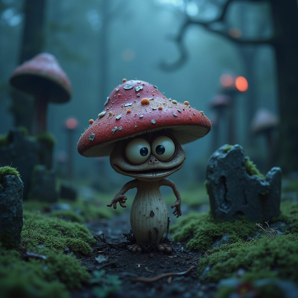 Mischievous Mushroom in Surreal Nighttime Scene