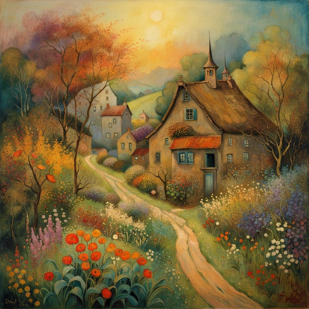Blooming Gardens in a Village, Expressionist Style
