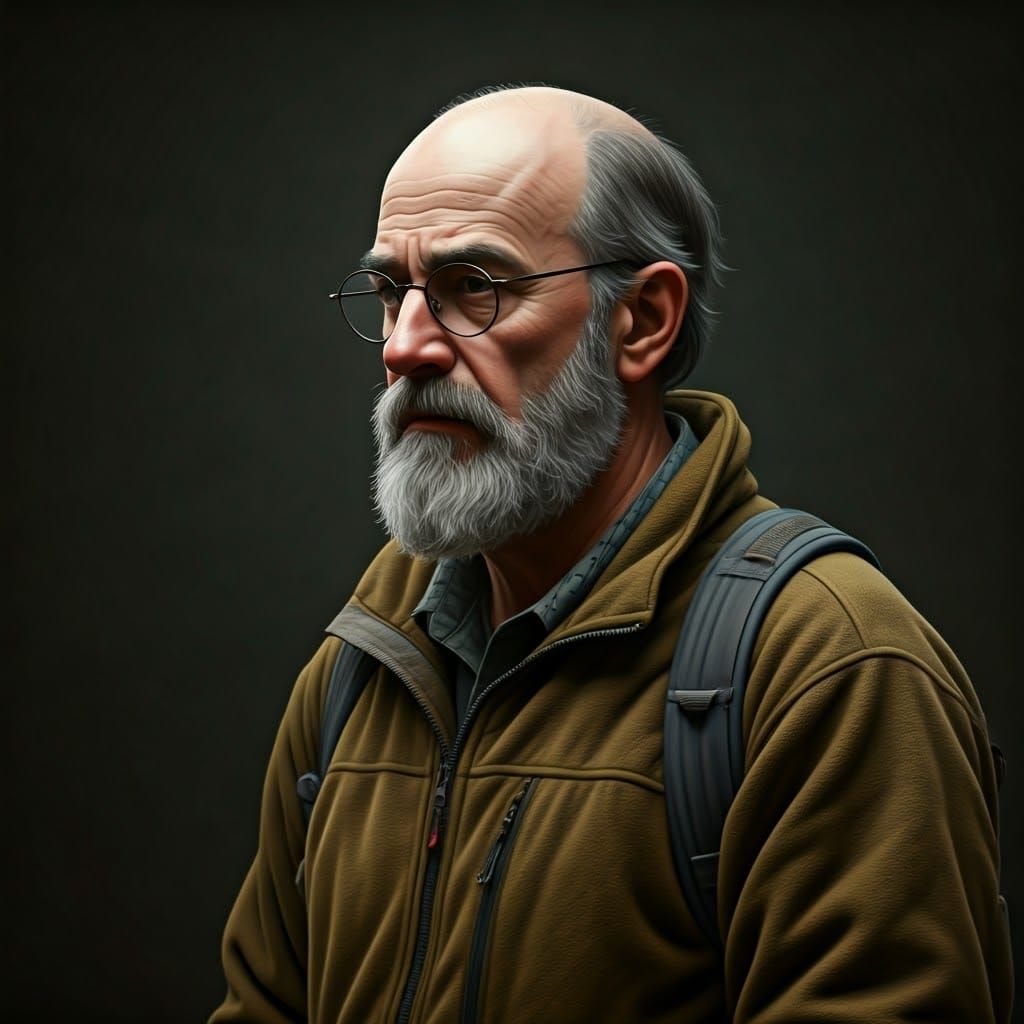 Introspective Hiker Portrait in Rustic Realism Style