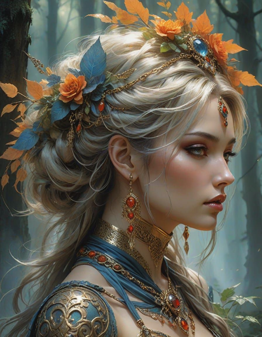 Mythic Heroine in Ornate Costume, Dramatic Fantasy Art