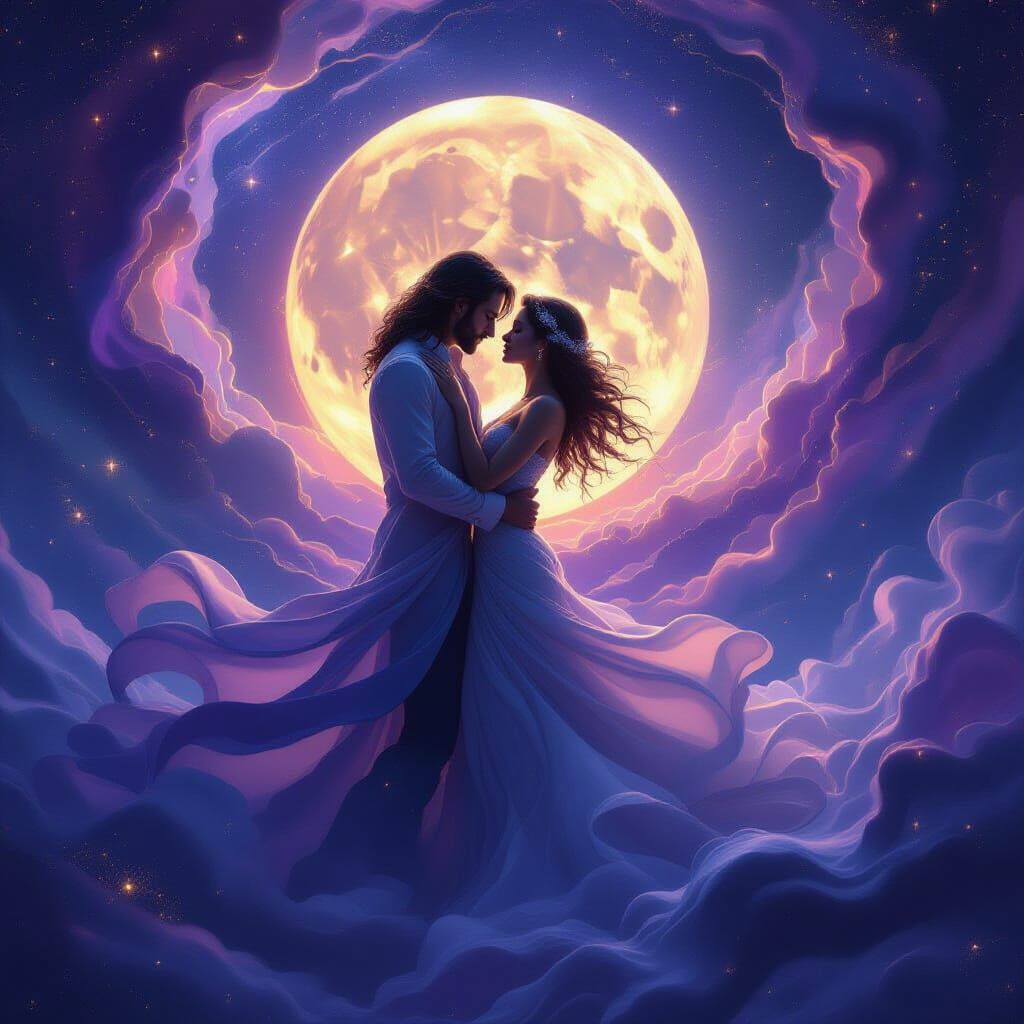 Cosmic Lovers Embrace in Aurora, Dark Fantasy Art