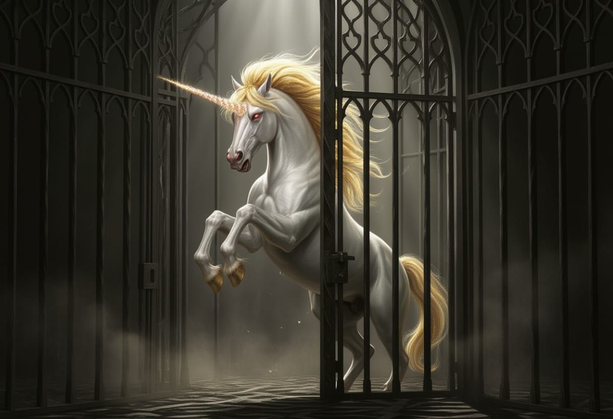 Majestic Unicorn Trapped in Ornate Iron Cage