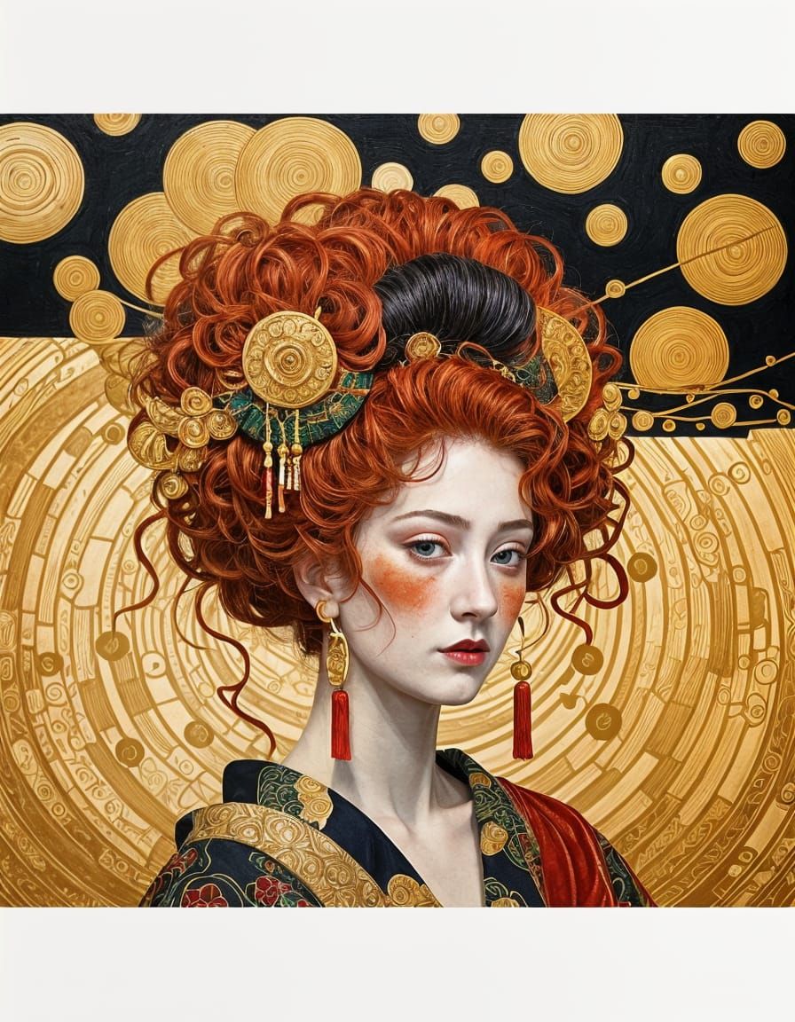 Woman with Red Hair in Ukiyo-e Klimt Style