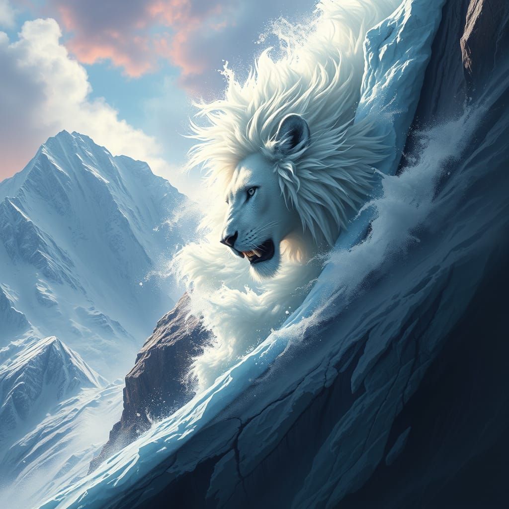 Hyperrealistic Avalanche as White Lion Splash Art