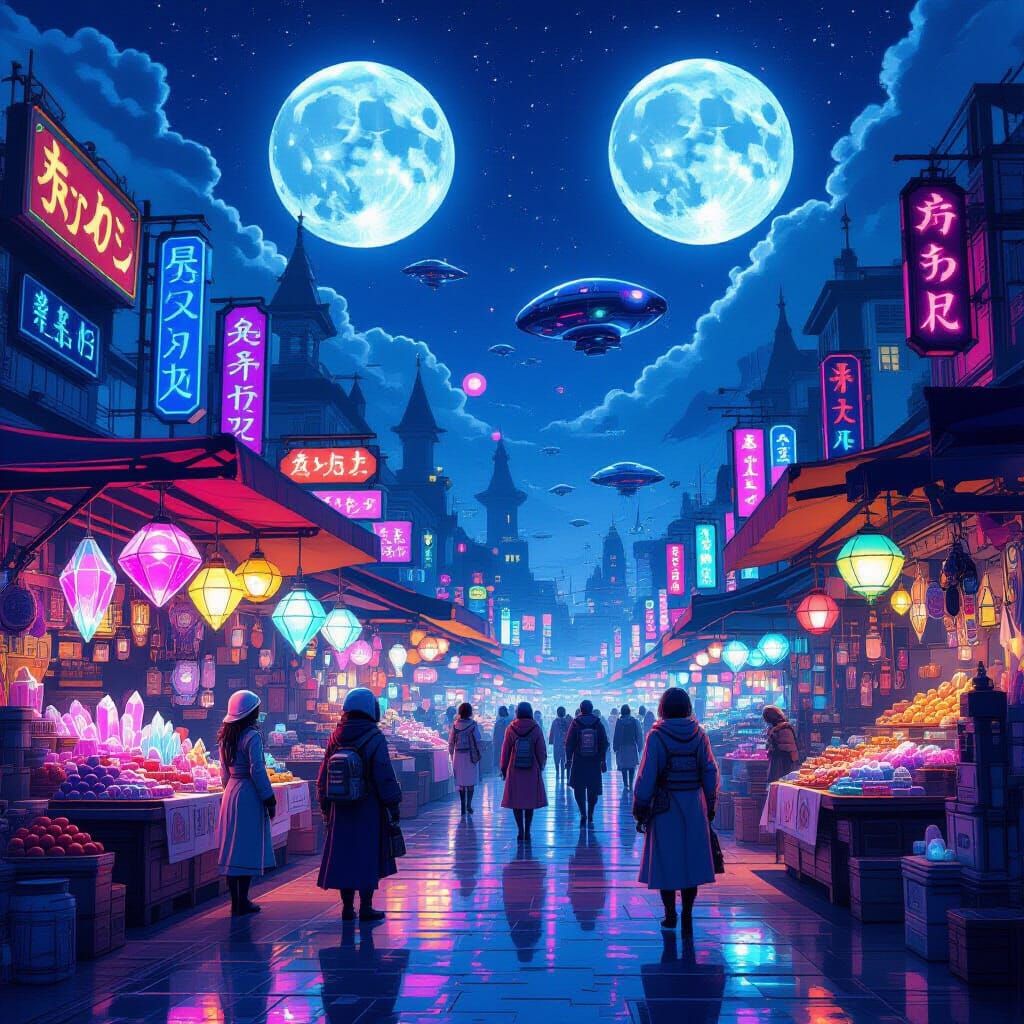 Vibrant Alien Marketplace Under Twin Moons in 2.5D Anime Sty...