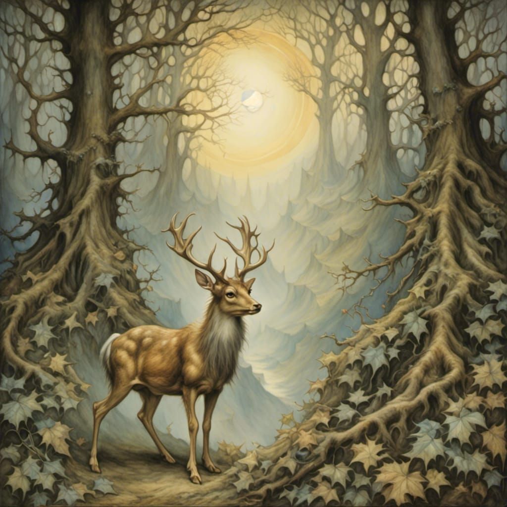 Moonlit Deer in Forest: Fantasy Art