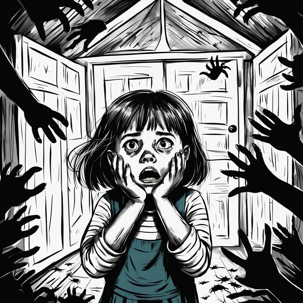 Scared Girl in Dark House, Children's Drawing Style