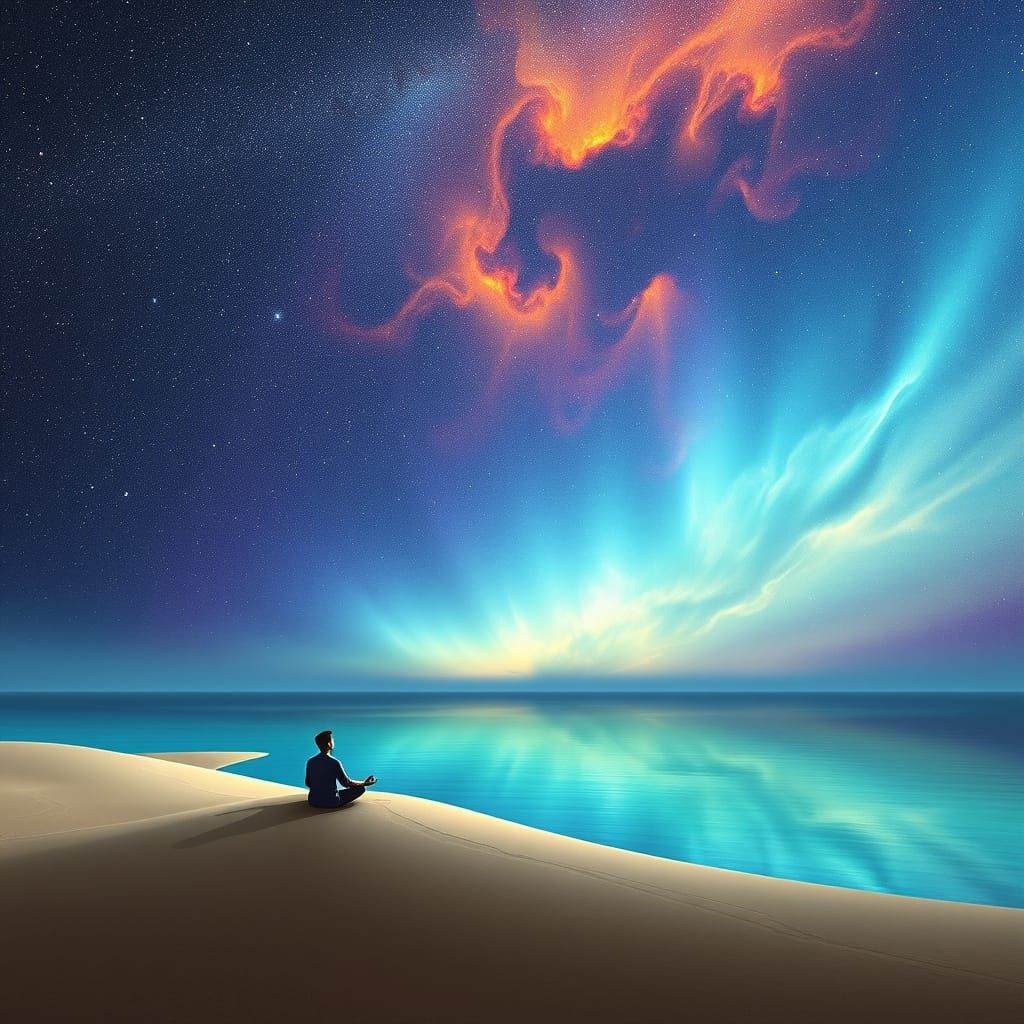Astral Meditation on Desert Island Under Cosmic Sky