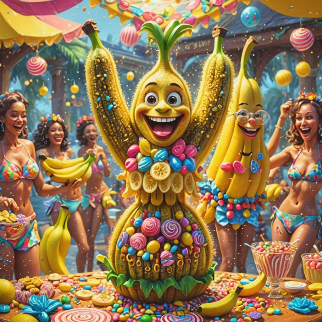 Happy Banana Dancing in Candyland: Digital Illustration