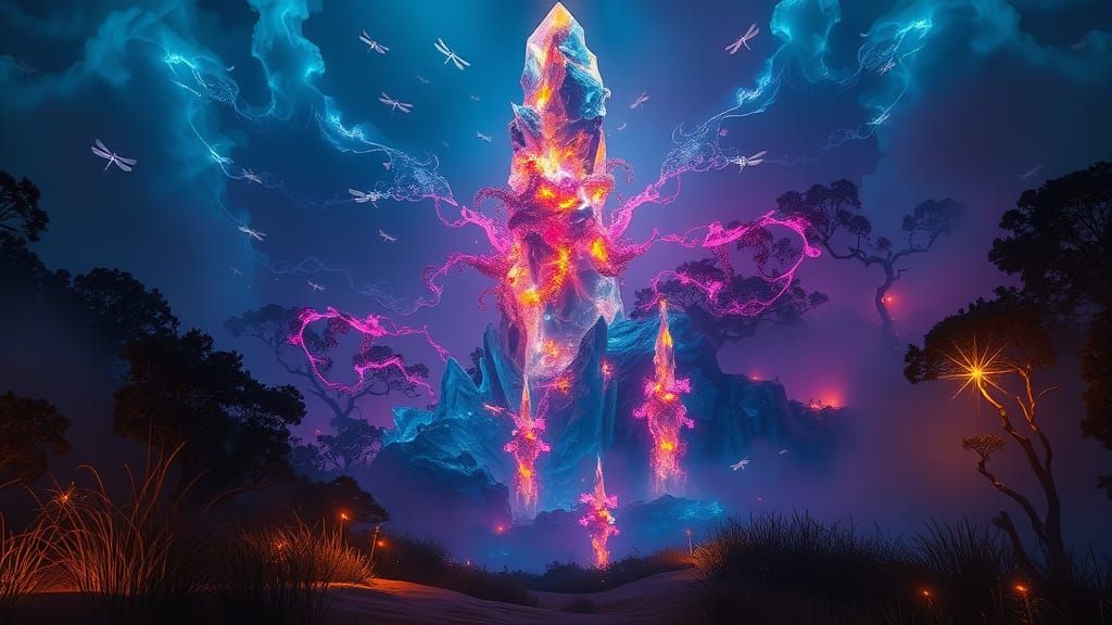 Bioluminescent Crystal Forest with Swirling Winds