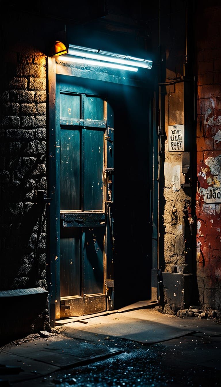 Open Bar Door Illuminates Dark Alley Crime Scene