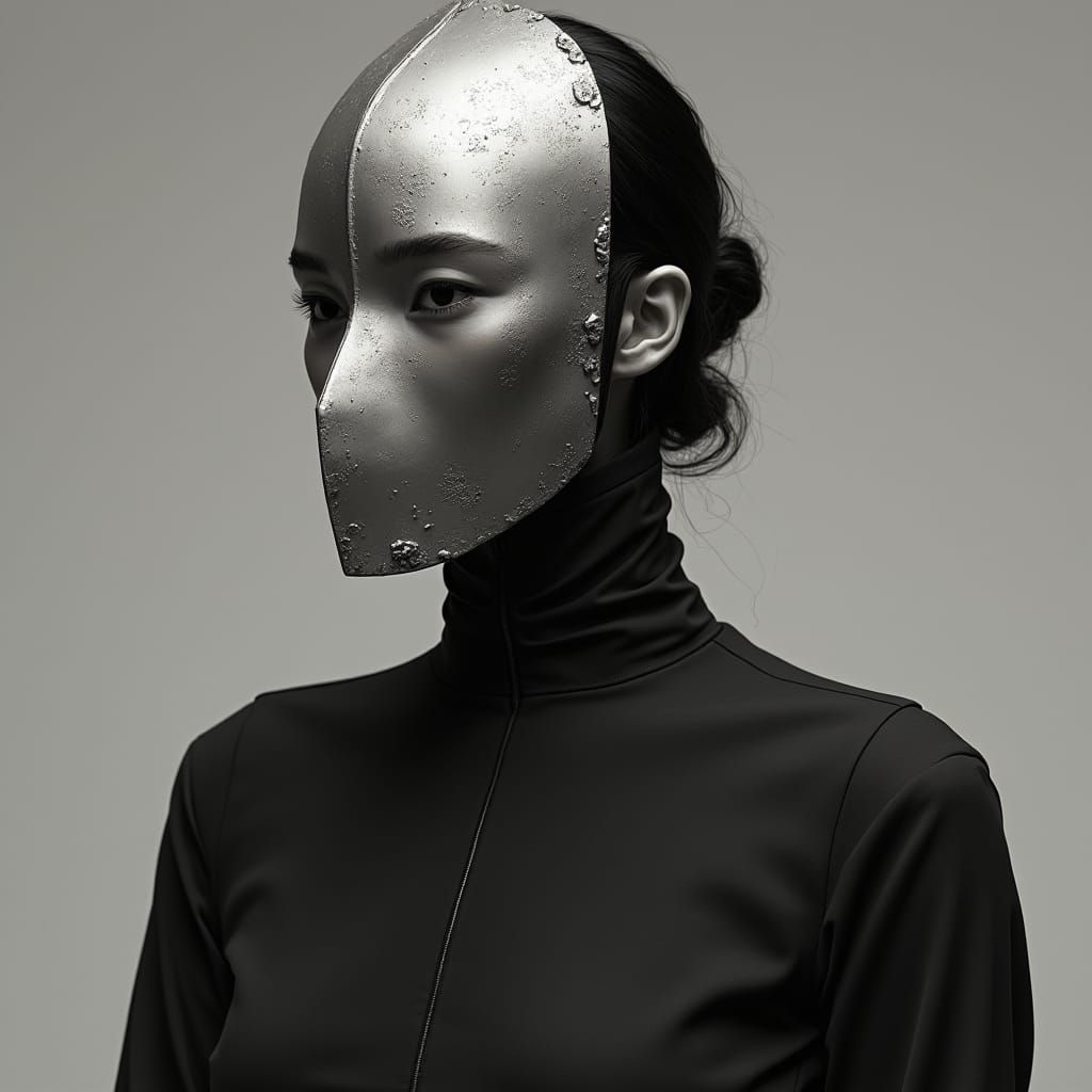 Woman in Iron Mask: Detailed Black and White Portrait
