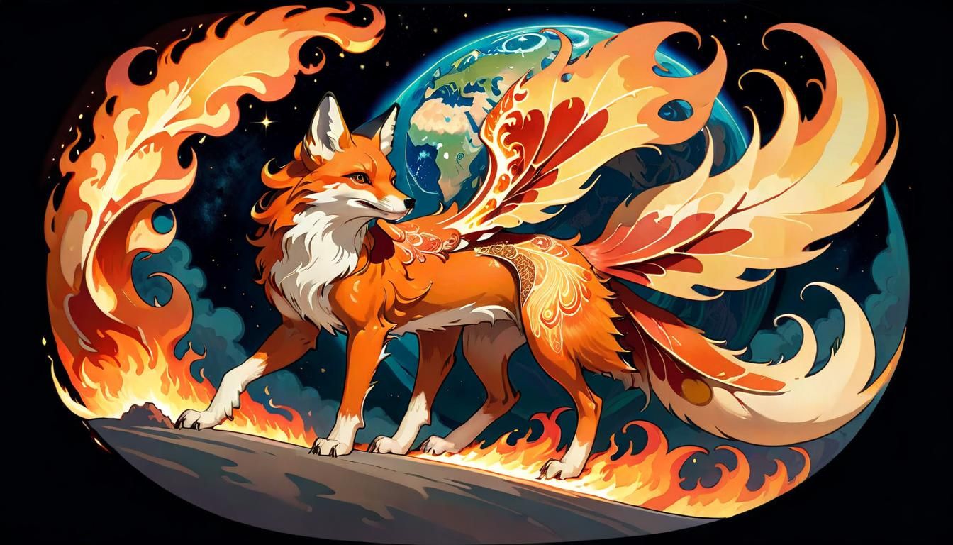 Fiery Fox Descends to Earth in Art Nouveau Style