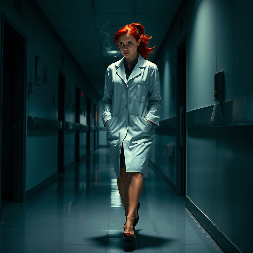 Woman in Lab Coat Strides Through Hospital Corridor in Moody...