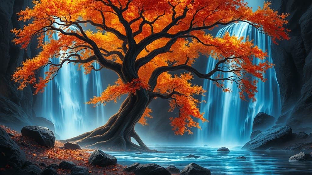 Fantasy Painting: Ancient Tree Near a Neon Waterfall