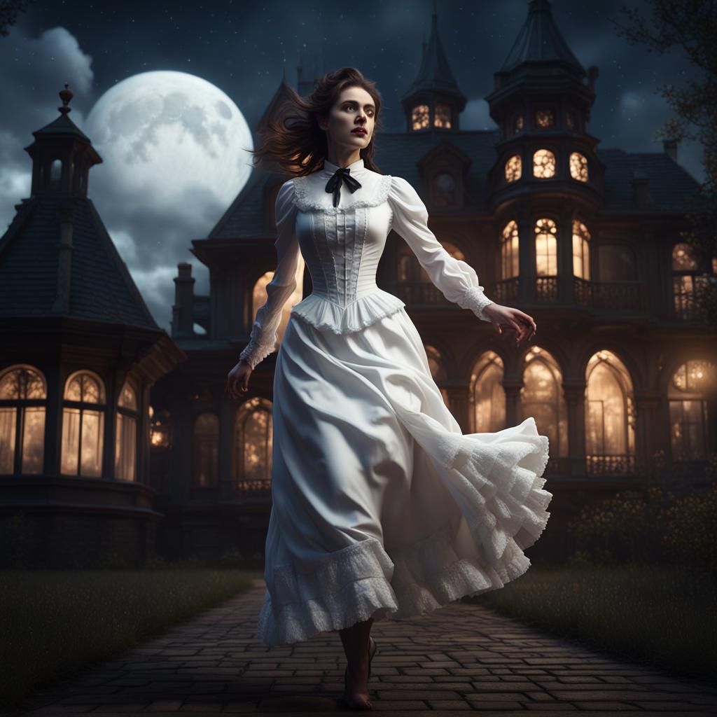 Victorian Woman Runs Before Gothic Mansion