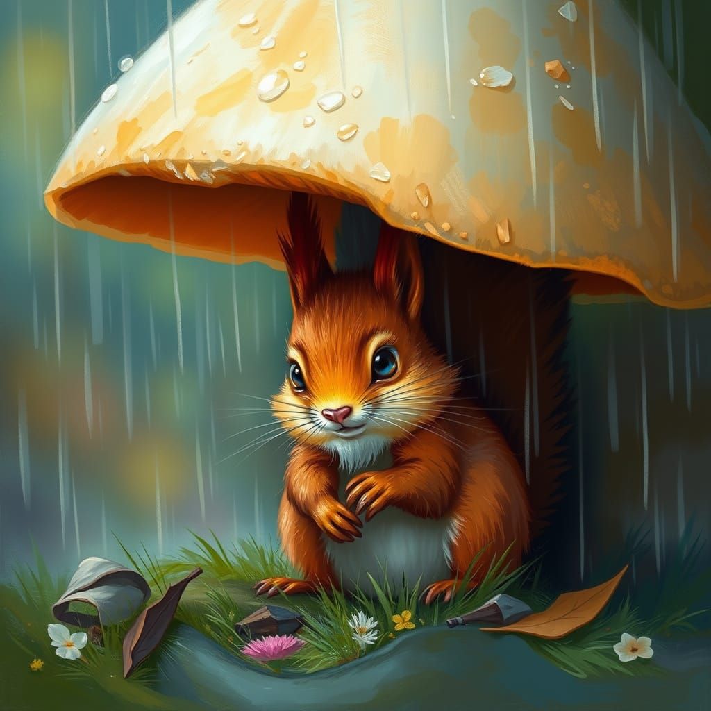 Red Squirrel Seeks Shelter in Summer Rain, Oil Painting