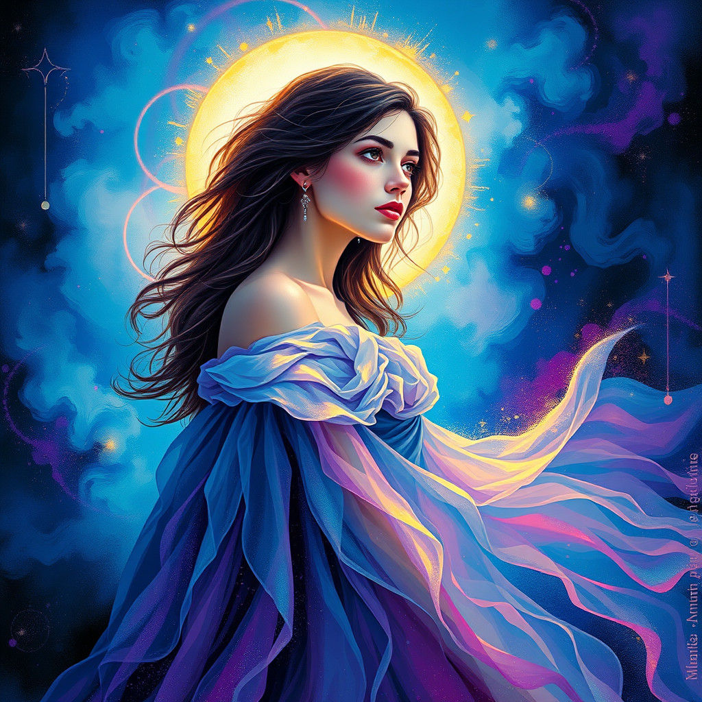 Ethereal Woman in Cosmic Dreamscape: Astral Illustration