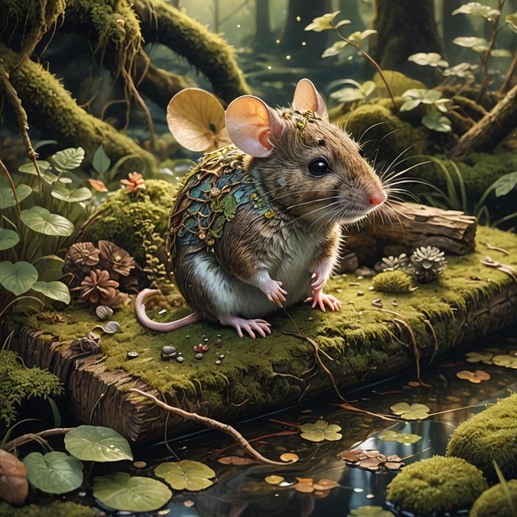 Whimsical Mouse Portrait on Mossy Raft