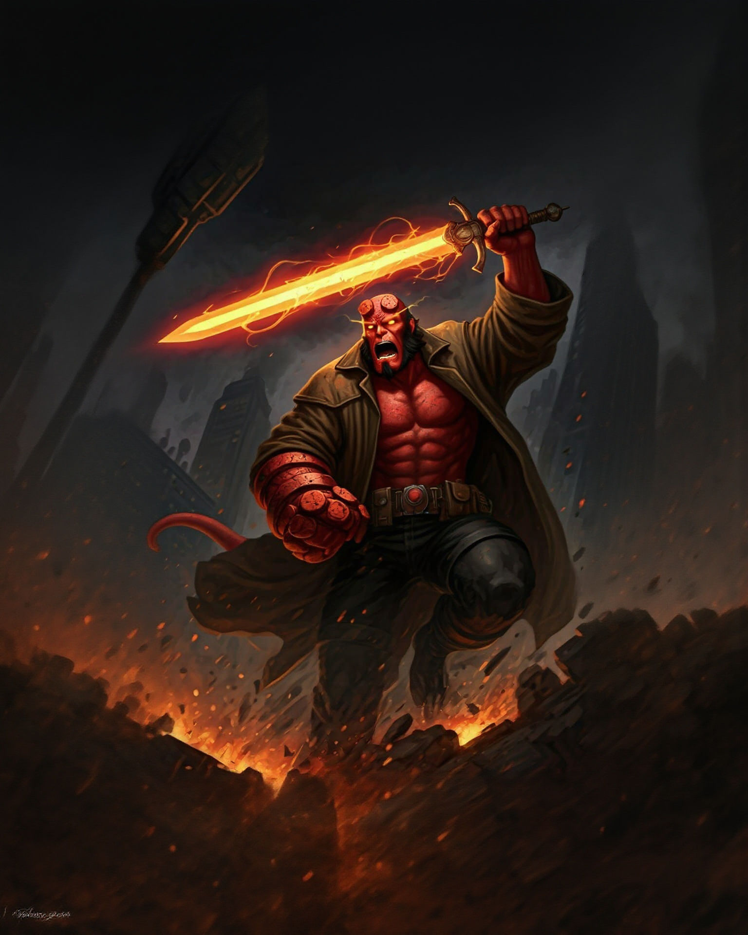 Hellboy Leaping into Action: Epic Digital Art