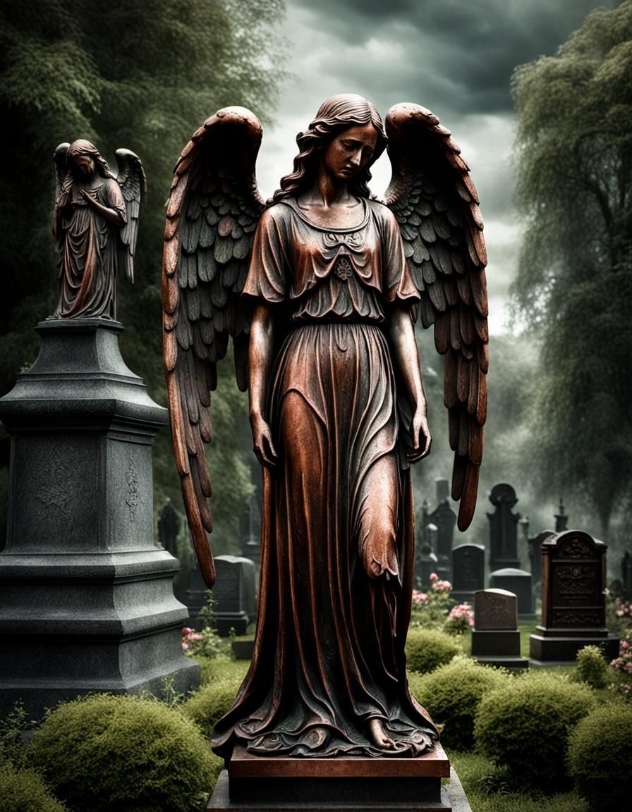Gothic Copper Angel Statue Weeping in Cemetery