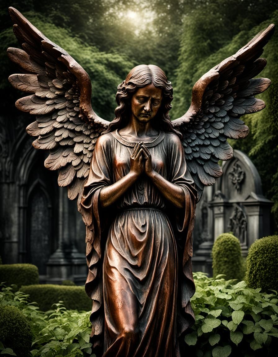 Sorrowful Weeping Angel Statue in Gothic Cemetery
