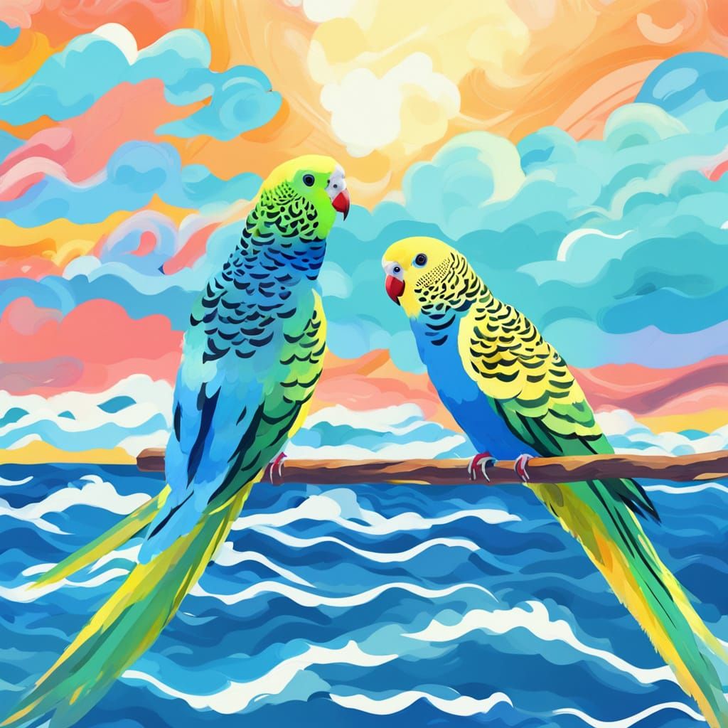 Vibrant Budgies Flying Over Sea in Matisse Style