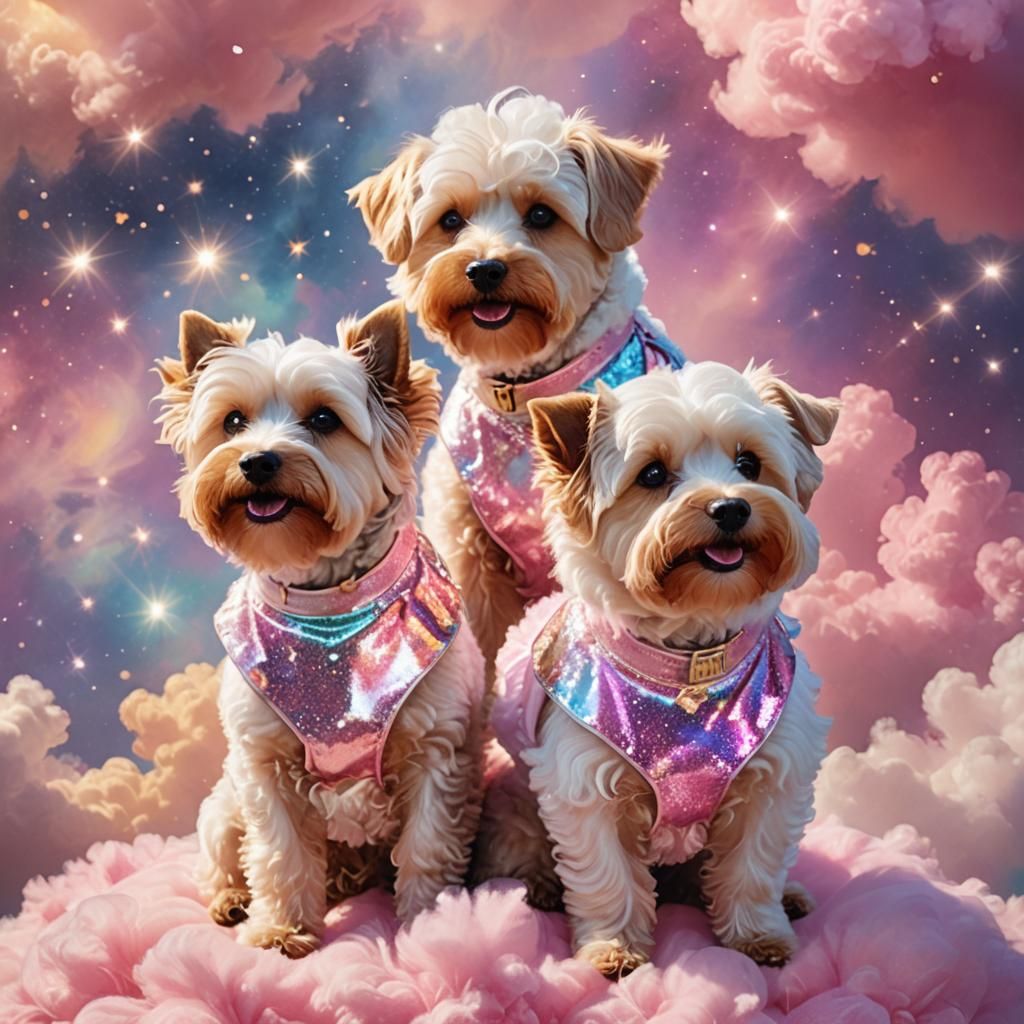 Dogs in Pink Cheerleader Dresses on Iridescent Cloud