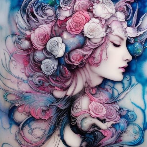 Woman with Pastel Roses, Liquid Ink Art