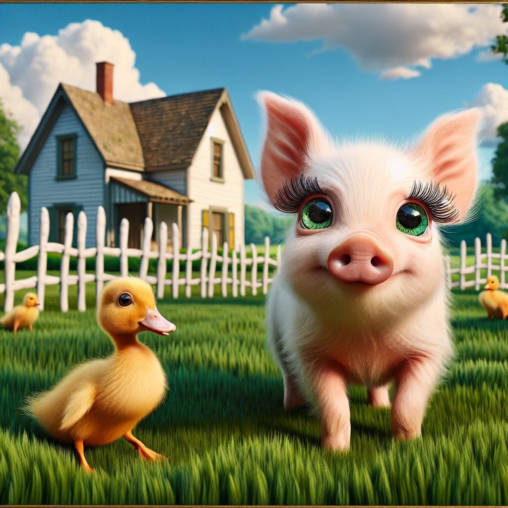 Charming Piglet and Duckling in Pastoral Scene