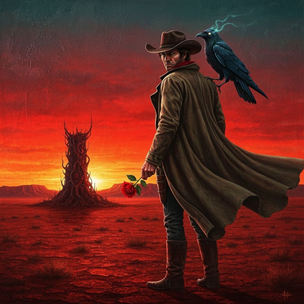 Cowboy at Sunset with Raven and Rose, Impasto Style