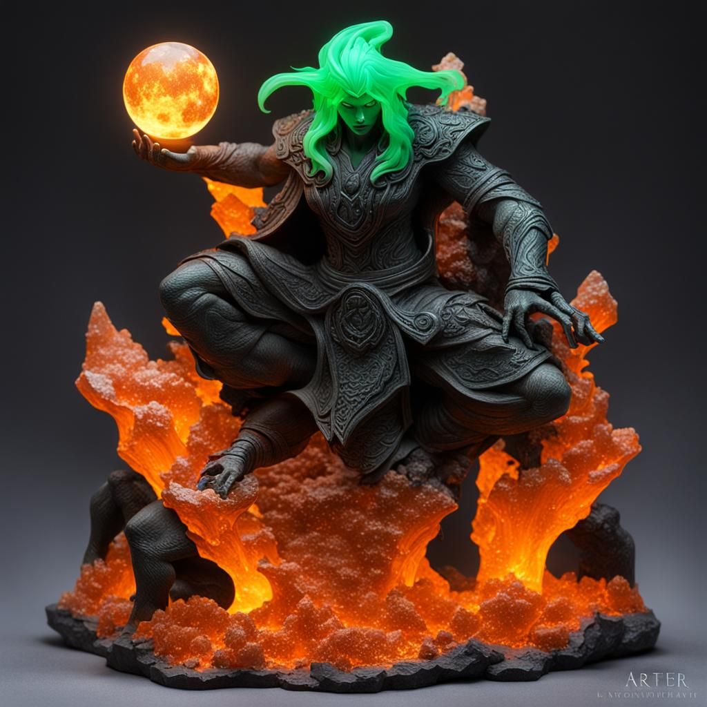 Obsidian Statuette on Molten Landscape, Detailed Rendering