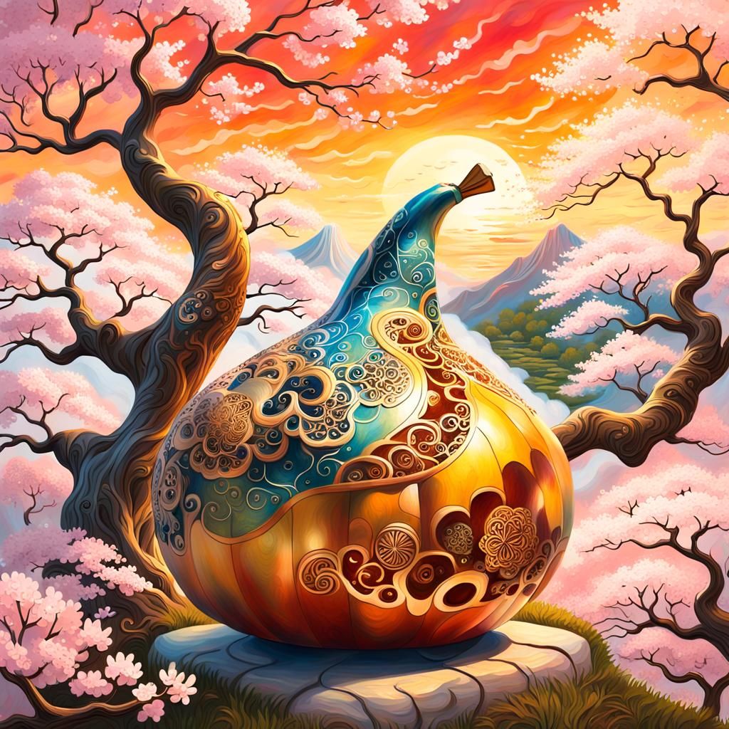 Gourd Amongst Cherry Blossoms in Fantasy Landscape