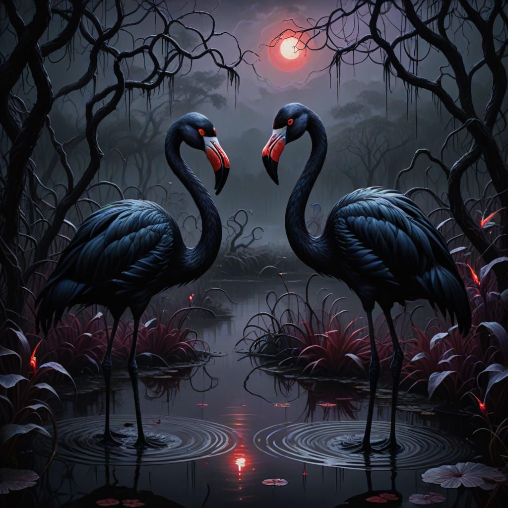 Dark Surreal Flamingos in Misty Pond Gothic Painting