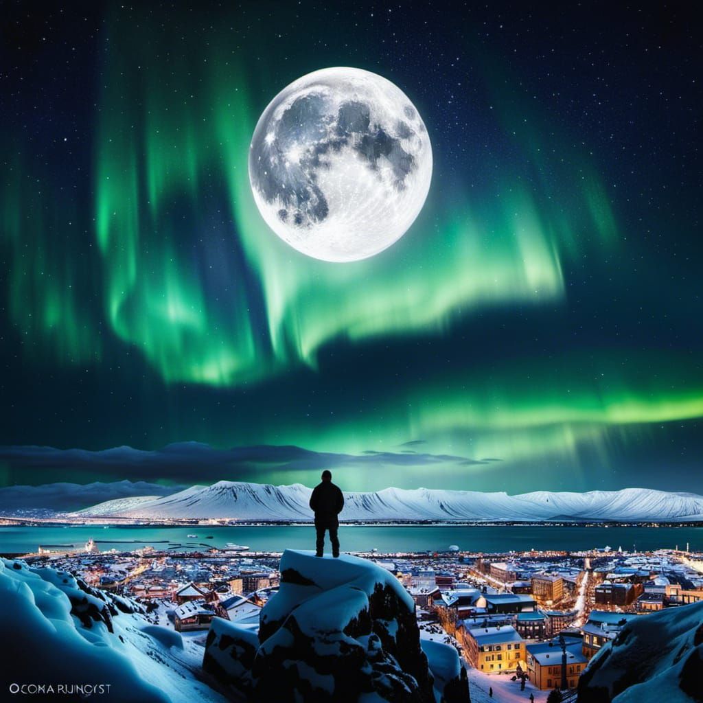 Polar Bear Over Icy Reykjavik Under Aurora Borealis