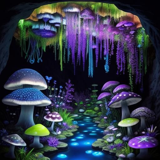 Blacklight Garden Cave with Mushrooms and Crystals