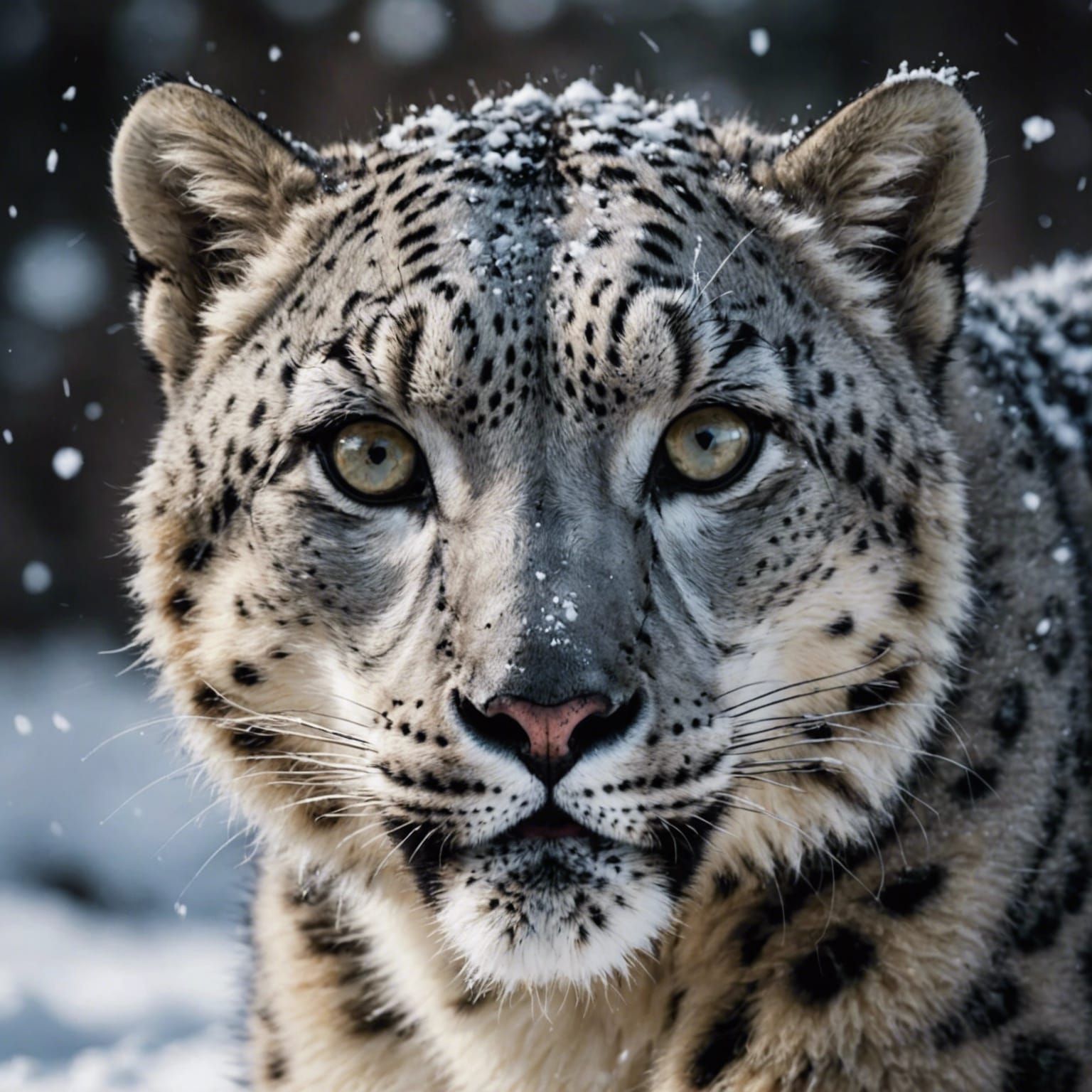 Snow Leopard Portrait Playing in Snow