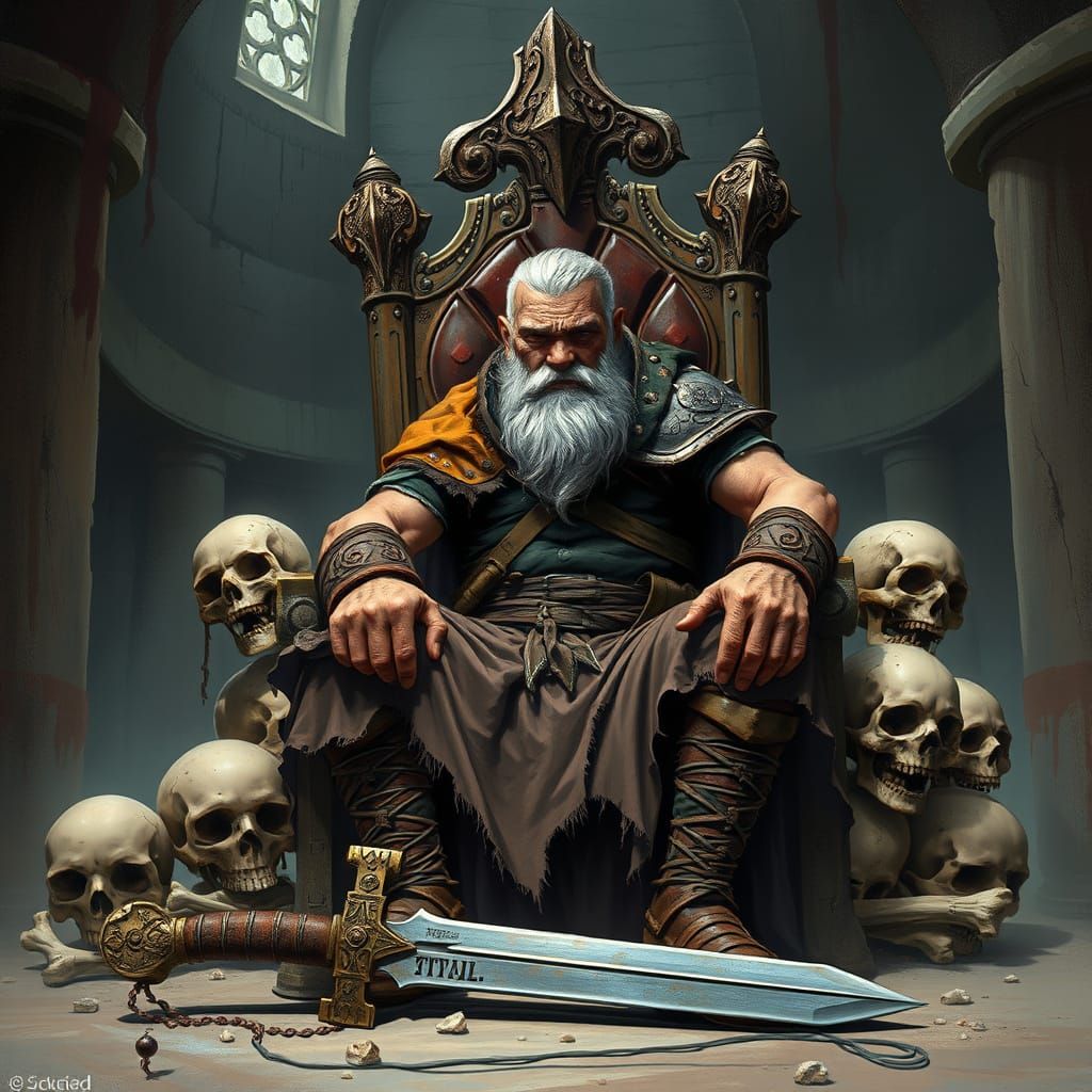 Tired Old Barbarian King on Skull Throne in Comic Style