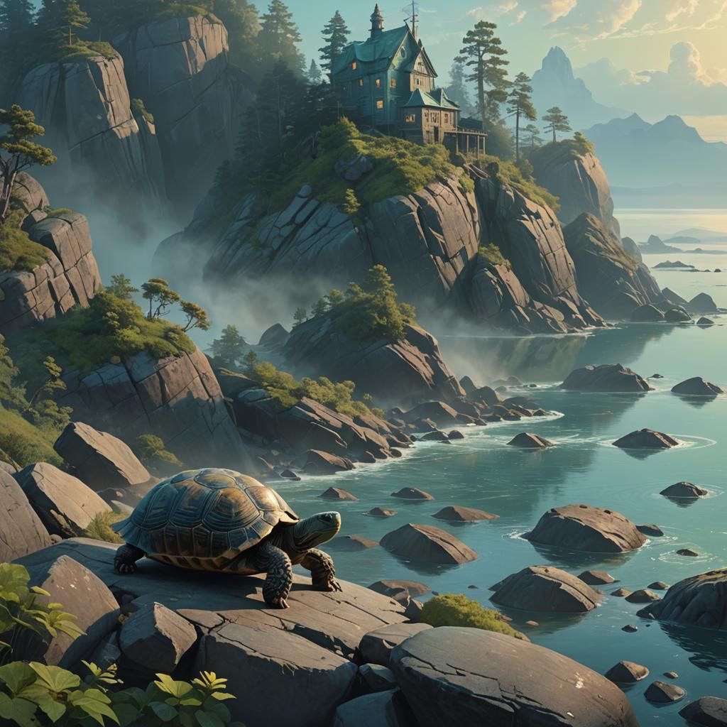 Mystical Tortoise on Rocky Cliff in Fantasy Landscape