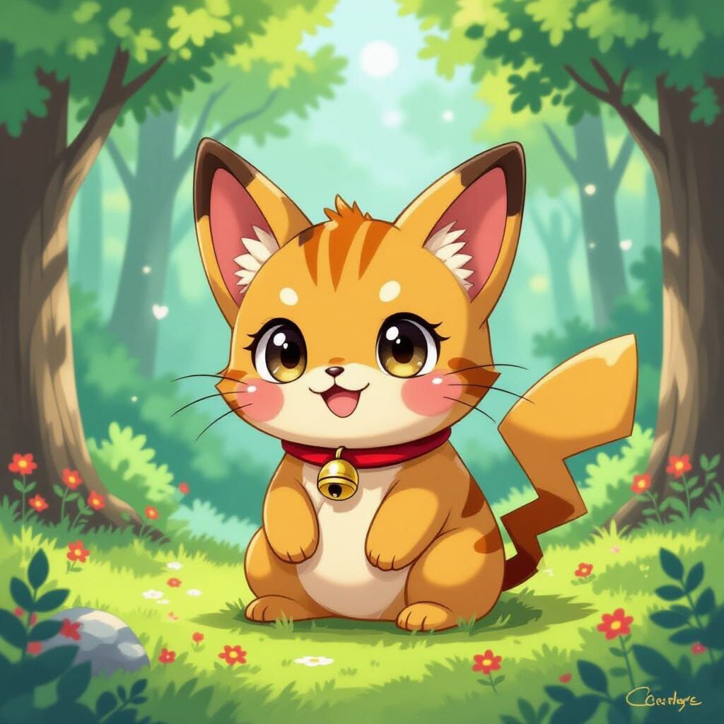 Pikachu Kitten in Whimsical Forest, Watercolor Style
