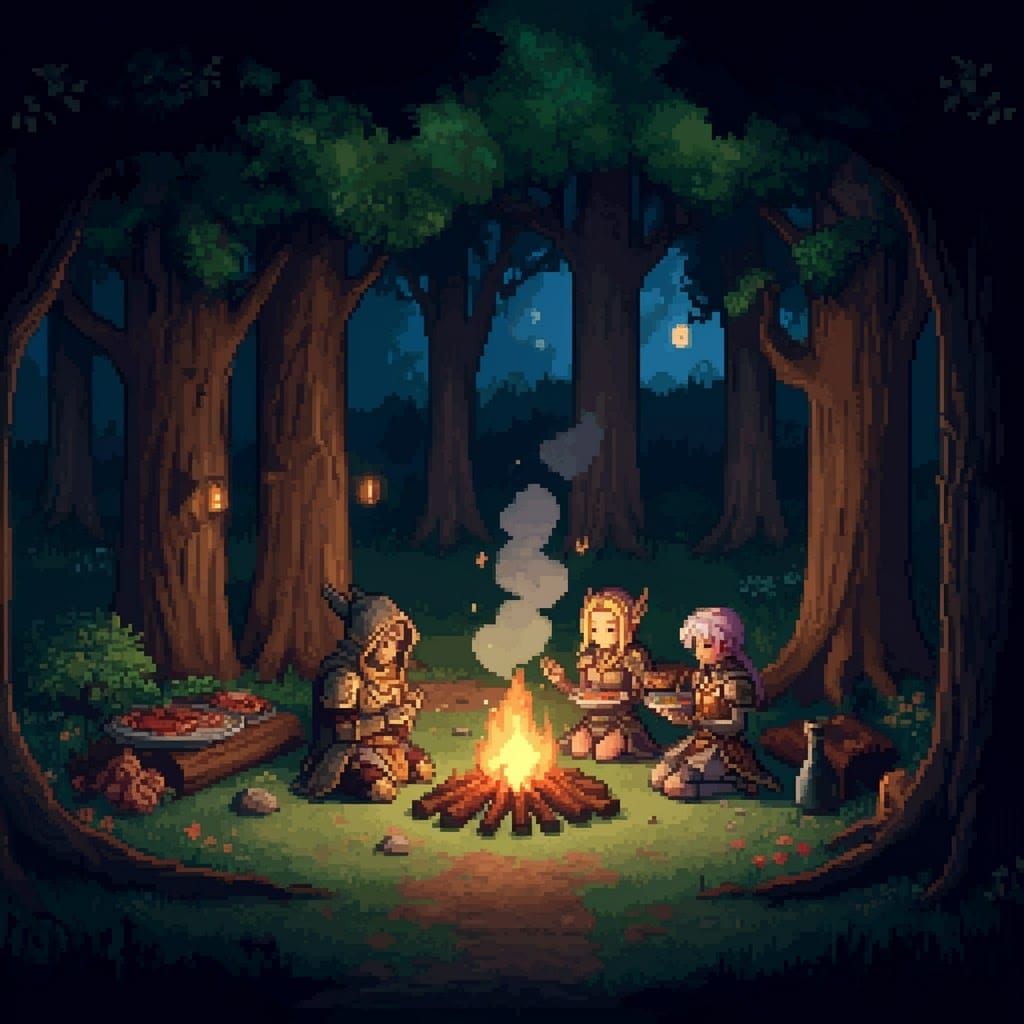Mystical JRPG Pixel Art Campfire Scene