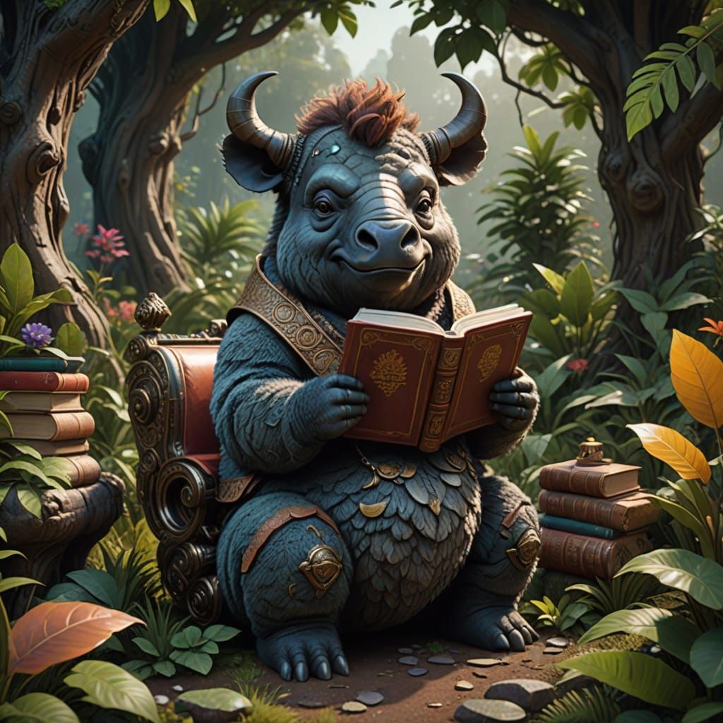 Whimsical Rhino Reading on the Toilet in a Fantastical Envir...