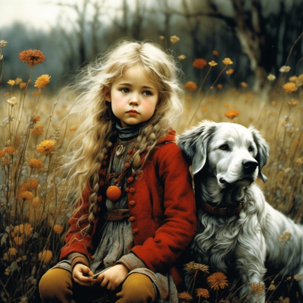 Girl and Dog in Hyperdetailed Charcoal Drawing