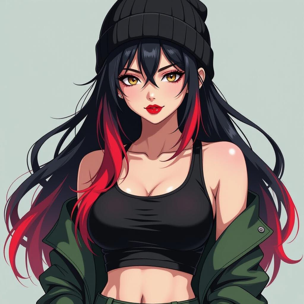 Anime Woman in Black and Green with Red Accents