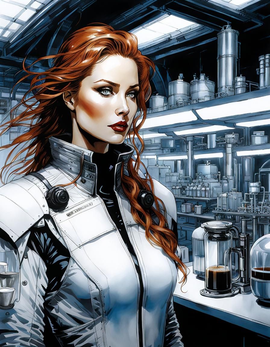 Woman with Coffee in Antarctic Lab, Alcohol Ink