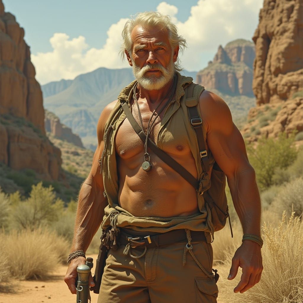 Rugged Hero in Sun-Drenched Landscape