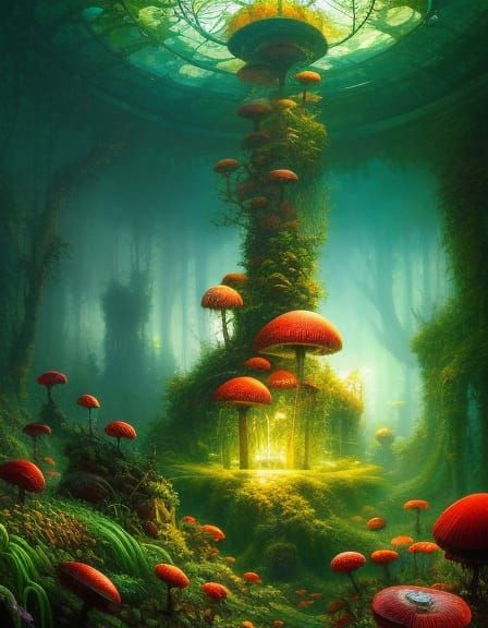 Red Mushroom Terrarium in Glass Bottle, Detailed Art